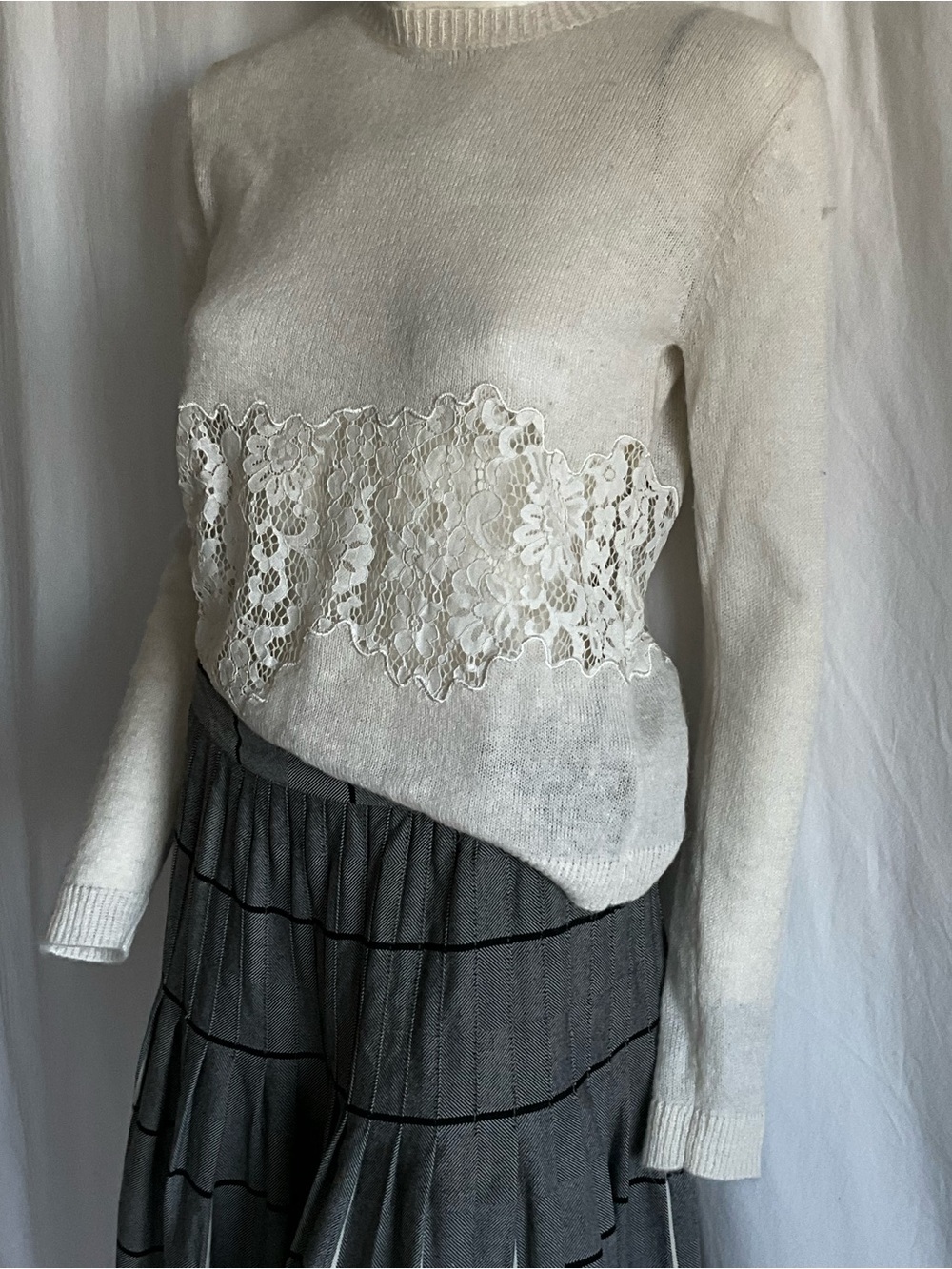 Zara Alpaca Wool Blend Ivory Floral Lace Inset Sweater Knit Size S